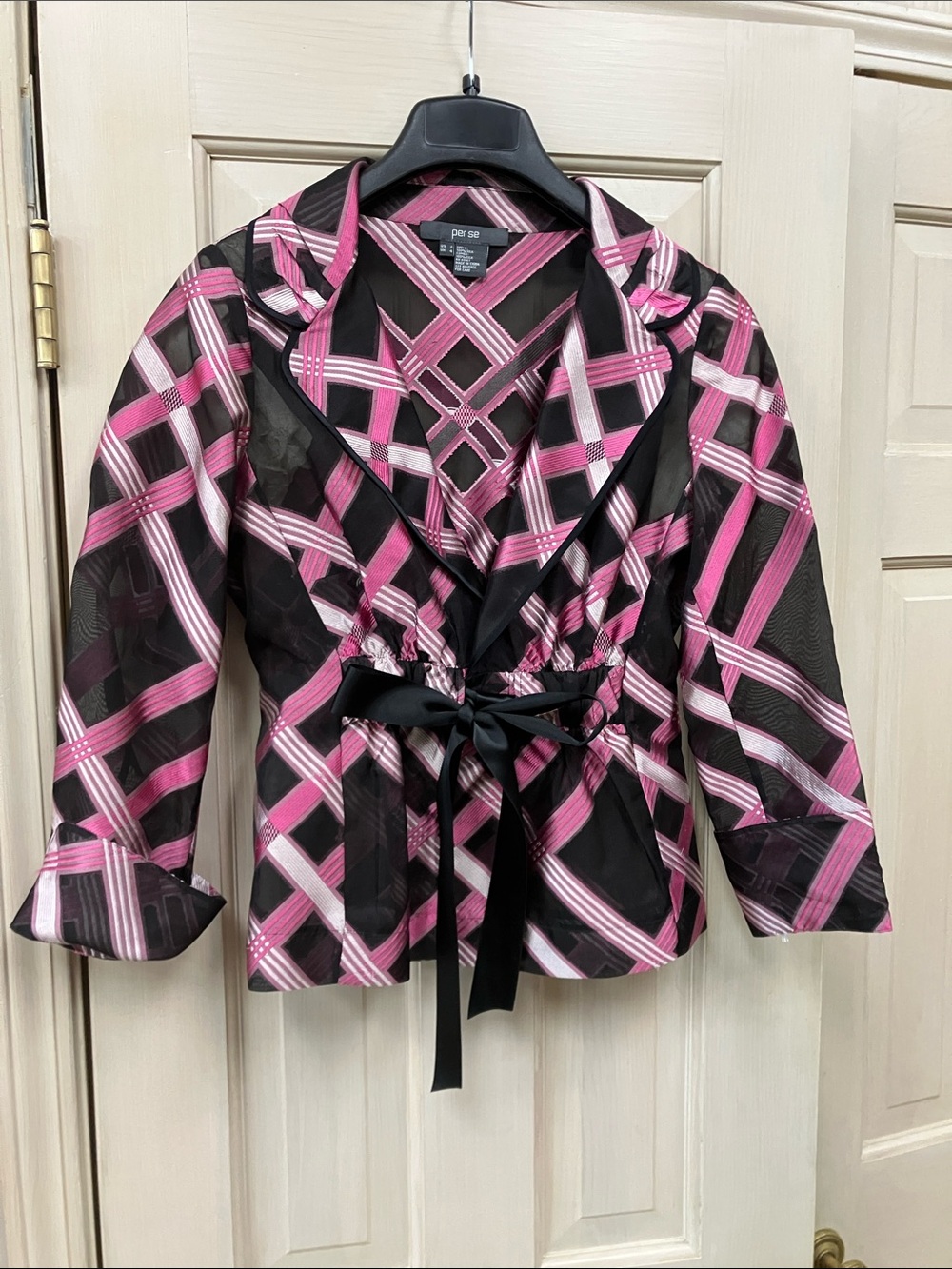 Per Se Silk Pink and Black Plaid Tie-Waist Blazer